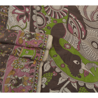 Sanskriti Vintage Brown Heavy Sarees Pure Cotton Kalamkari Peacock Sari Sustainable Fabric