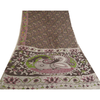 Sanskriti Vintage Brown Heavy Sarees Pure Cotton Kalamkari Peacock Sari Sustainable Fabric
