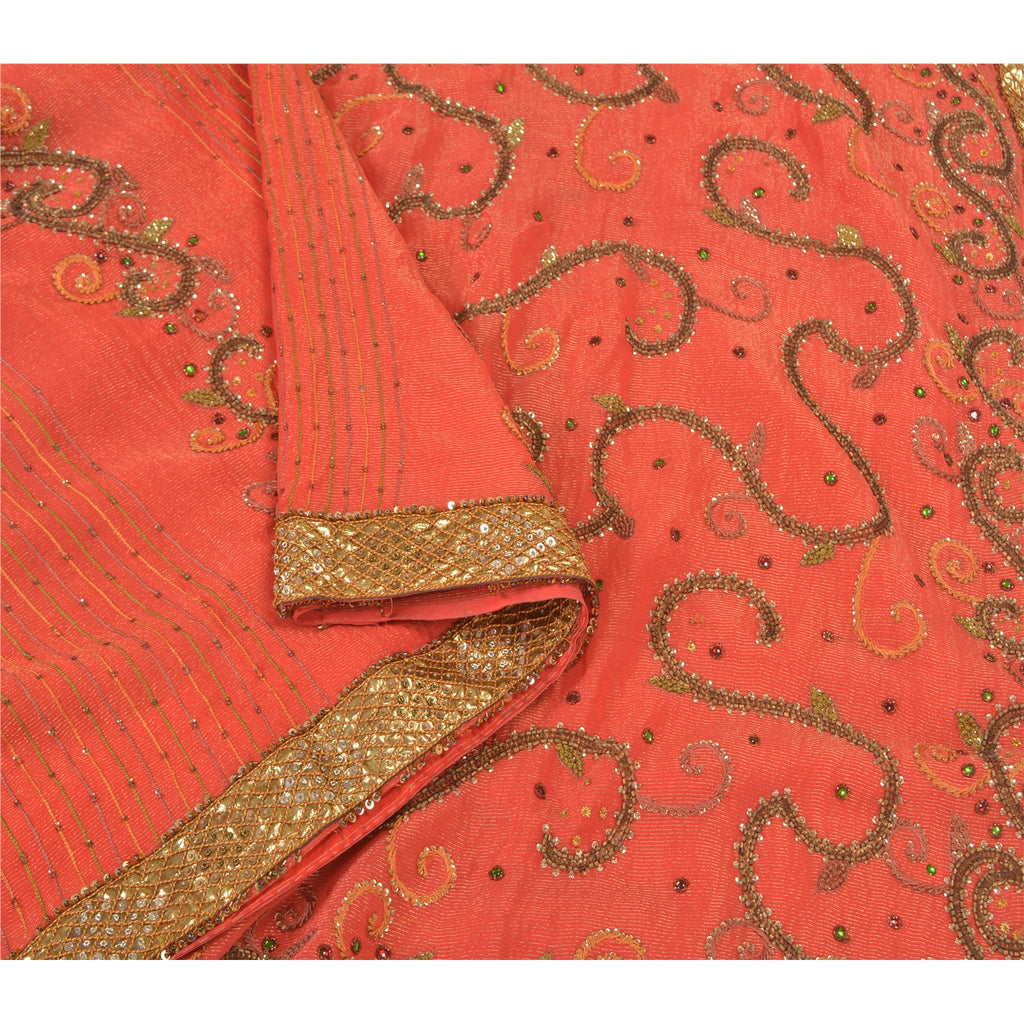 Sanskriti Vintage Red Heavy Sarees Pure Georgette Silk Hand Beaded Sari Sustainable Fabric