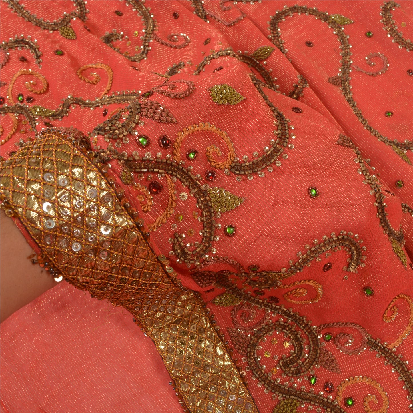 Sanskriti Vintage Red Heavy Sarees Pure Georgette Silk Hand Beaded Sari Sustainable Fabric