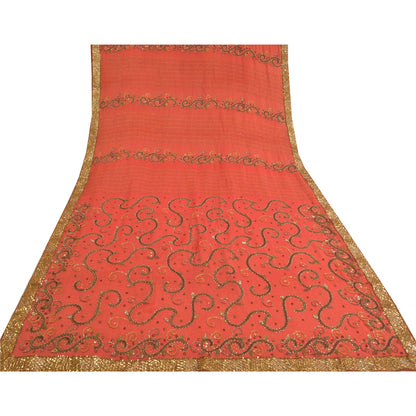 Sanskriti Vintage Red Heavy Sarees Pure Georgette Silk Hand Beaded Sari Sustainable Fabric
