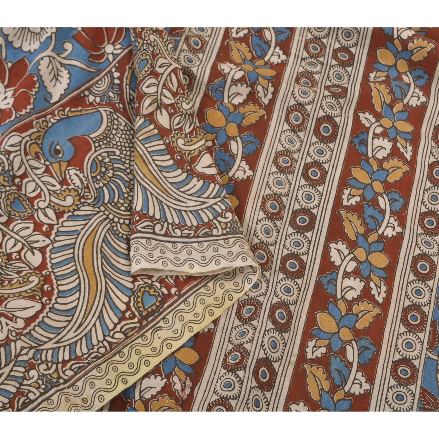 Sanskriti Vintage Blue Heavy Sarees Pure Cotton Kalamkari Animal Sari Sustainable Fabric