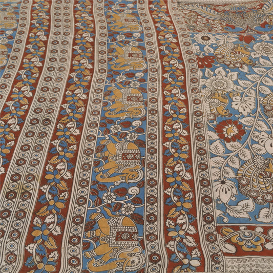 Sanskriti Vintage Blue Heavy Sarees Pure Cotton Kalamkari Animal Sari Sustainable Fabric