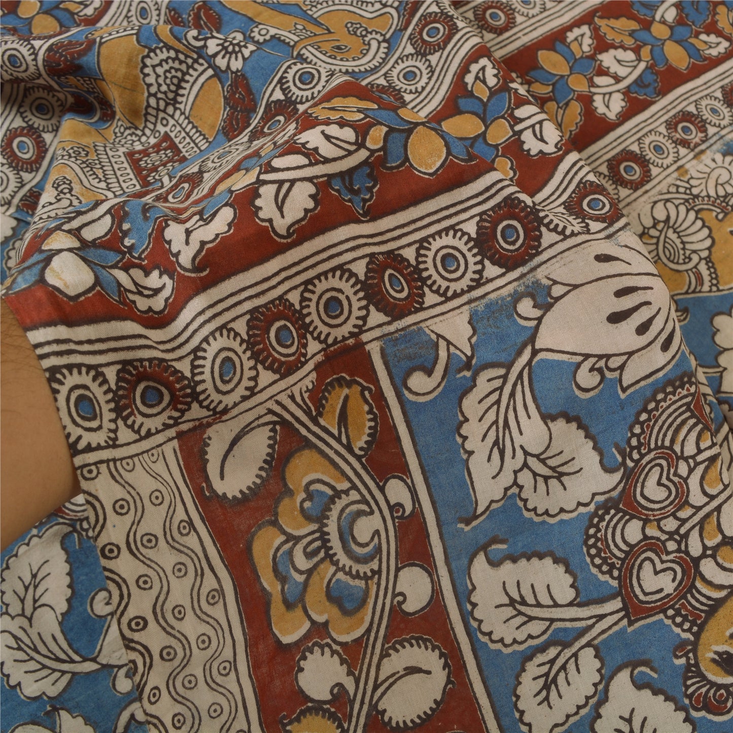Sanskriti Vintage Blue Heavy Sarees Pure Cotton Kalamkari Animal Sari Sustainable Fabric