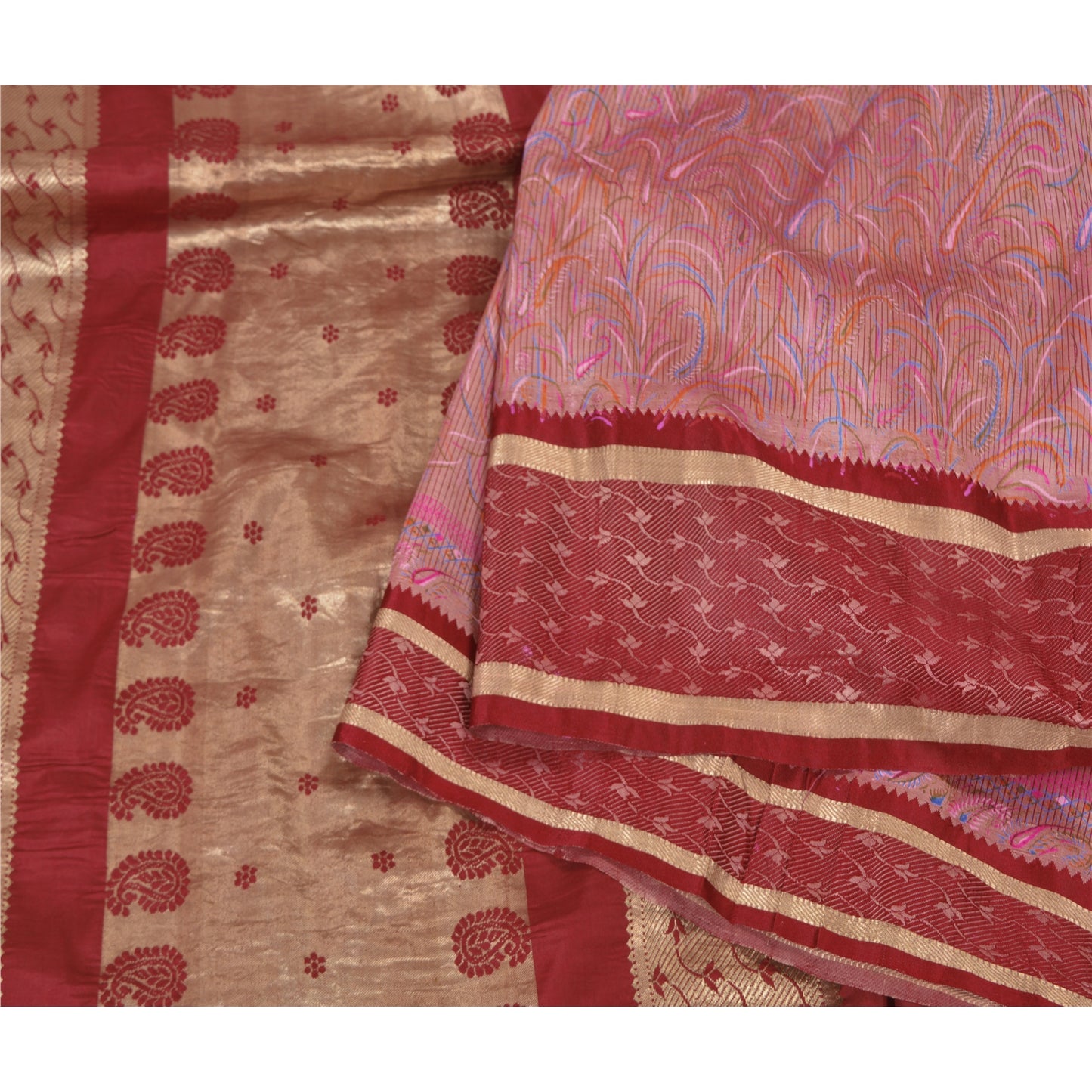 Sanskriti Vintage Pink Heavy Wedding Sarees Pure Silk Woven Brocade Sari Sustainable Fabric