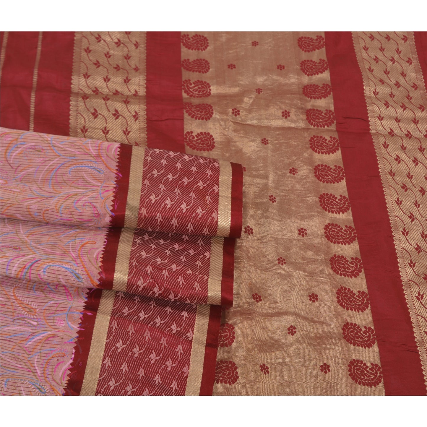 Sanskriti Vintage Pink Heavy Wedding Sarees Pure Silk Woven Brocade Sari Sustainable Fabric