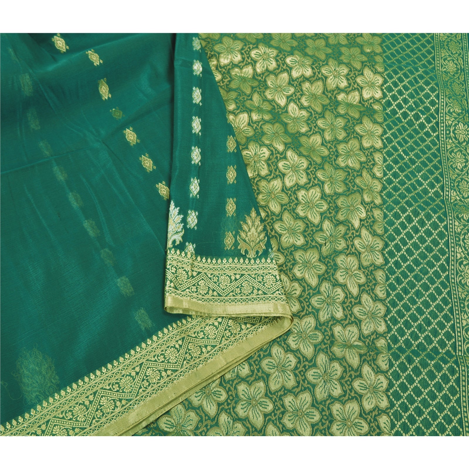 Sanskriti Vintage Grønne Tunge Indiske Sarier Kunstsilke Håndvævet Sari Bæredygtigt Stof