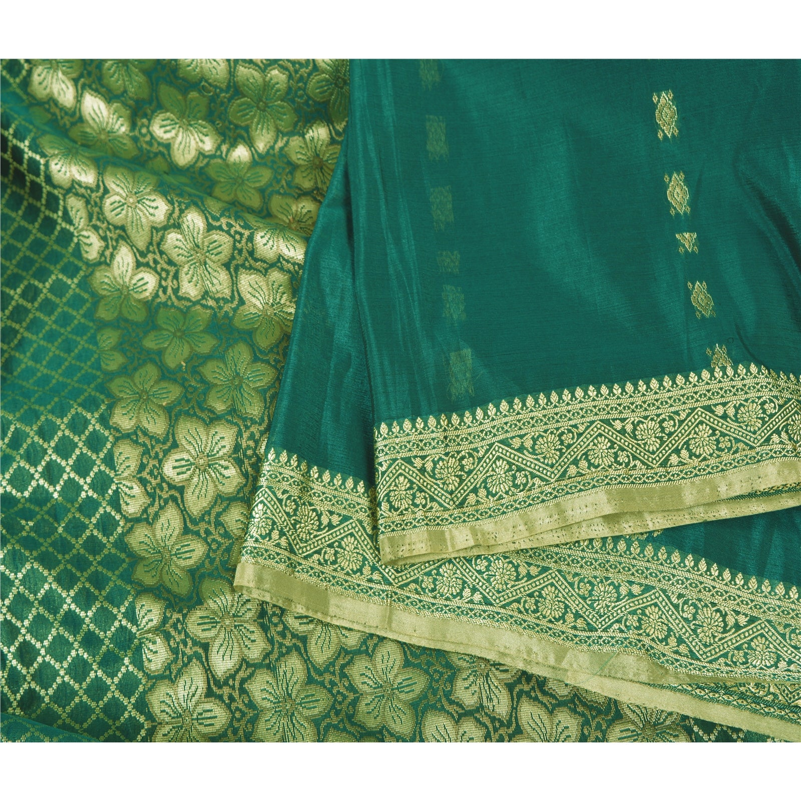 Sanskriti Vintage Grønne Tunge Indiske Sarier Kunstsilke Håndvævet Sari Bæredygtigt Stof