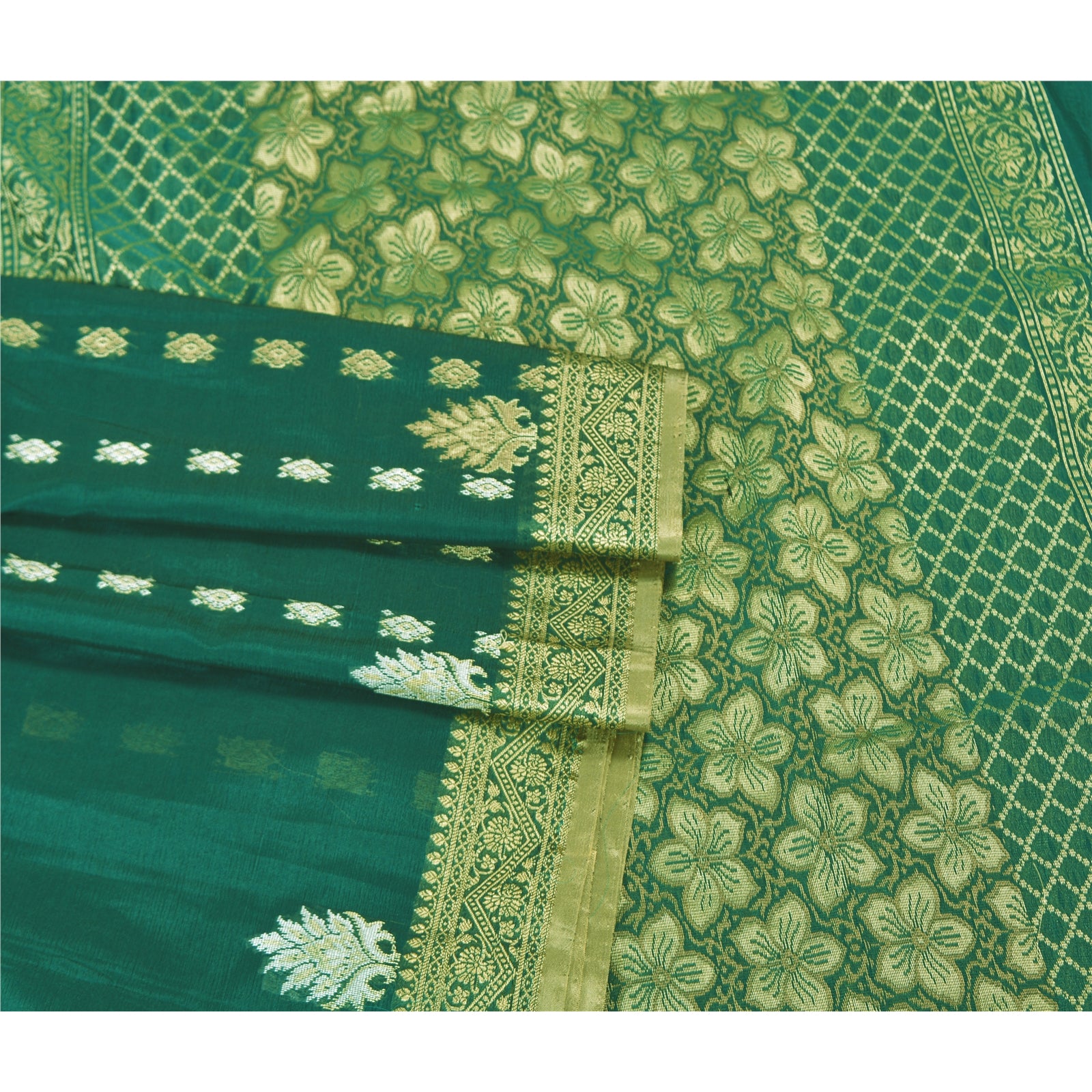 Sanskriti Vintage Grønne Tunge Indiske Sarier Kunstsilke Håndvævet Sari Bæredygtigt Stof