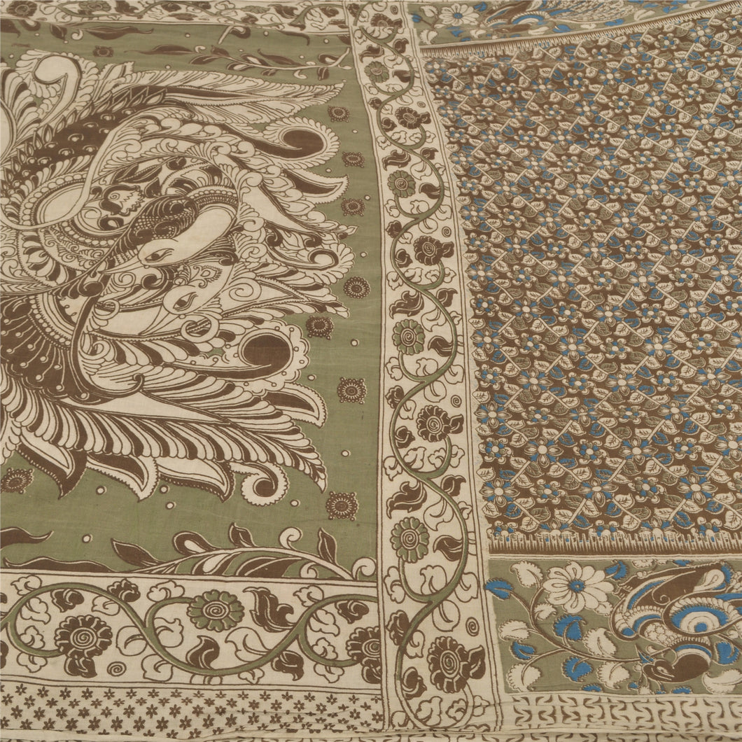 Sanskriti Vintage Brown Heavy Sarees Pure Cotton Kalamkari Peacock Sari Fabric