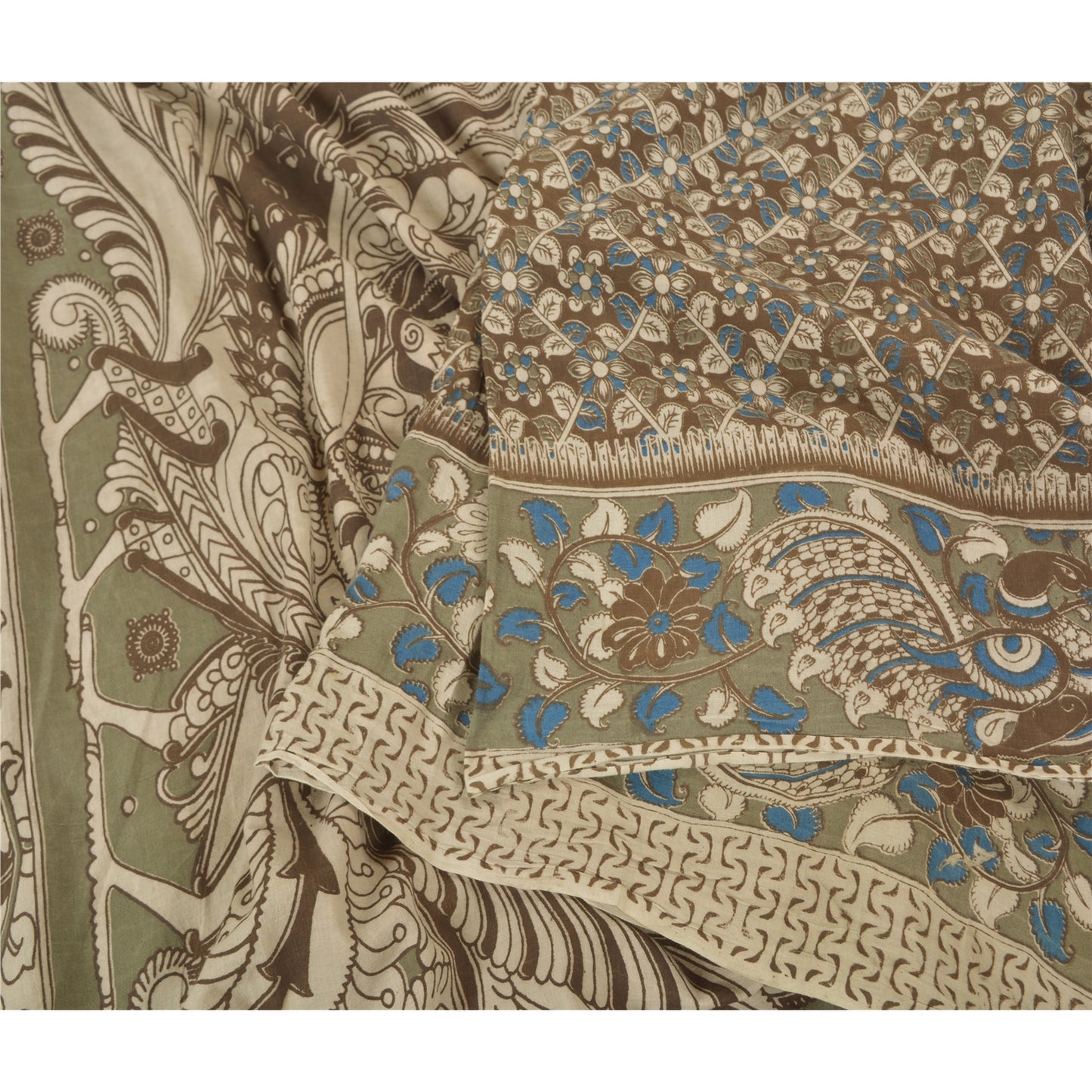 Sanskriti Vintage Brown Heavy Sarees Pure Cotton Kalamkari Peacock Sari Sustainable Fabric