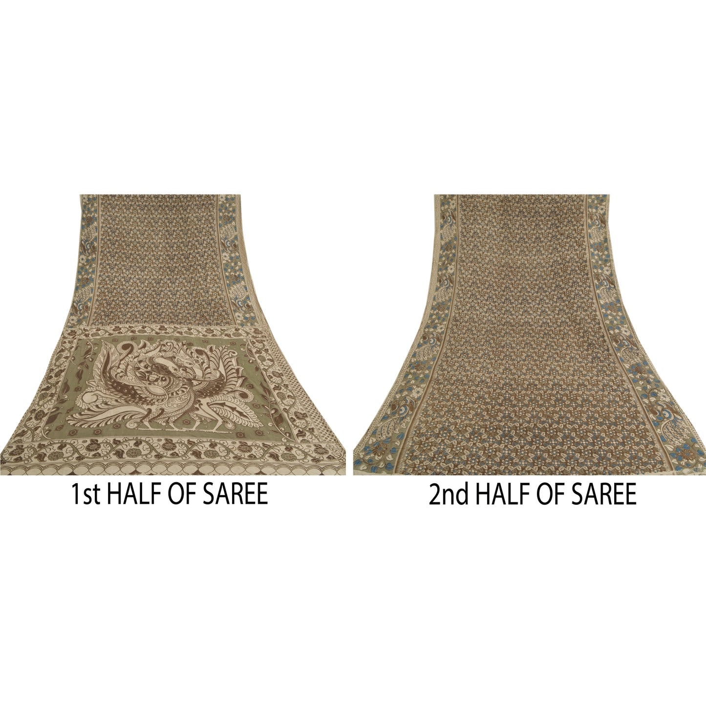 Sanskriti Vintage Brown Heavy Sarees Pure Cotton Kalamkari Peacock Sari Sustainable Fabric