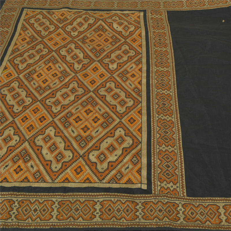 Sanskriti Vintage Saree Black & Beige Indian Sarees 100% Pure Silk Fabric Woven Sari 5+Yard For Crafting, Upcycling, or Even Wearing