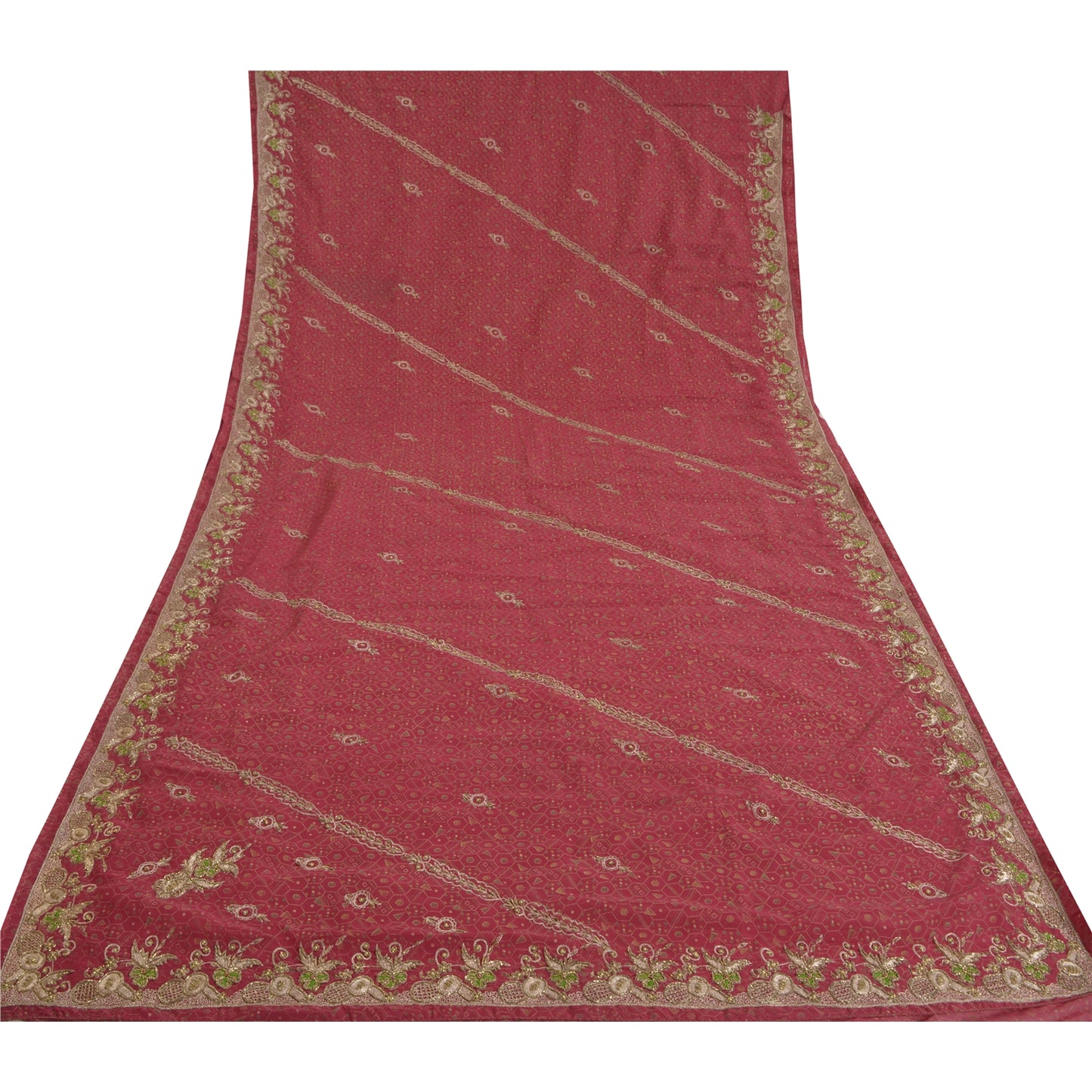 Sanskriti Vintage Red Heavy Sarees Art Silk Hand Beaded Painted Sari Sustainable Fabric