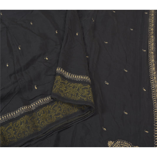Sanskriti Vintage Sorte Tunge Sarier Ren Crepe Silke Håndperlet Sari Bæredygtigt Stof