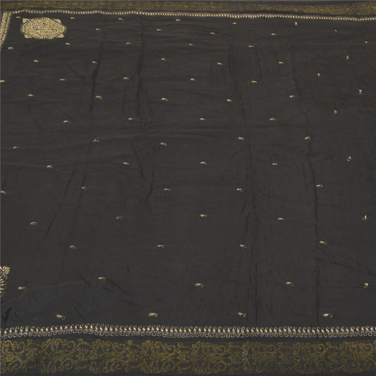 Sanskriti Vintage Sorte Tunge Sarier Ren Crepe Silke Håndperlet Sari Bæredygtigt Stof