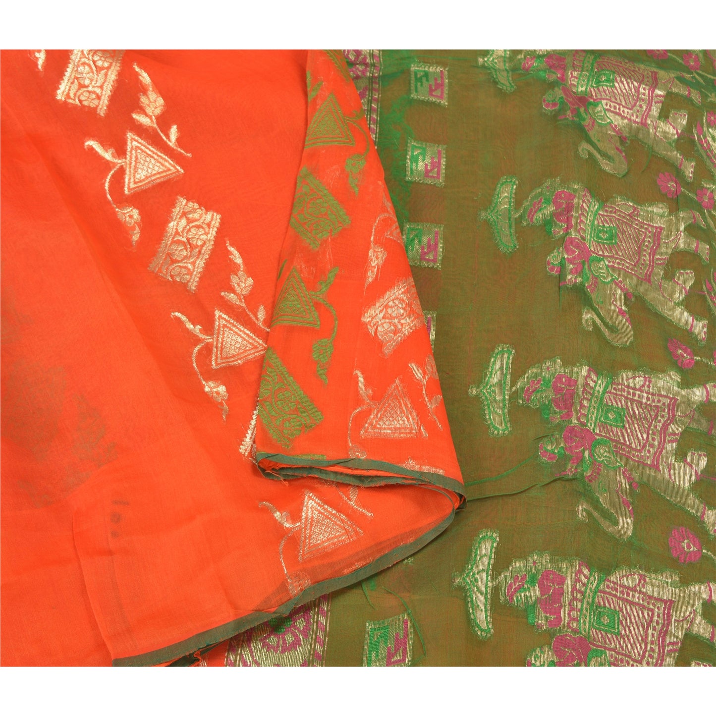Sanskriti Vintage Orange Heavy Sarees Pure Silk Woven Brocade Animal Sari Sustainable Fabric