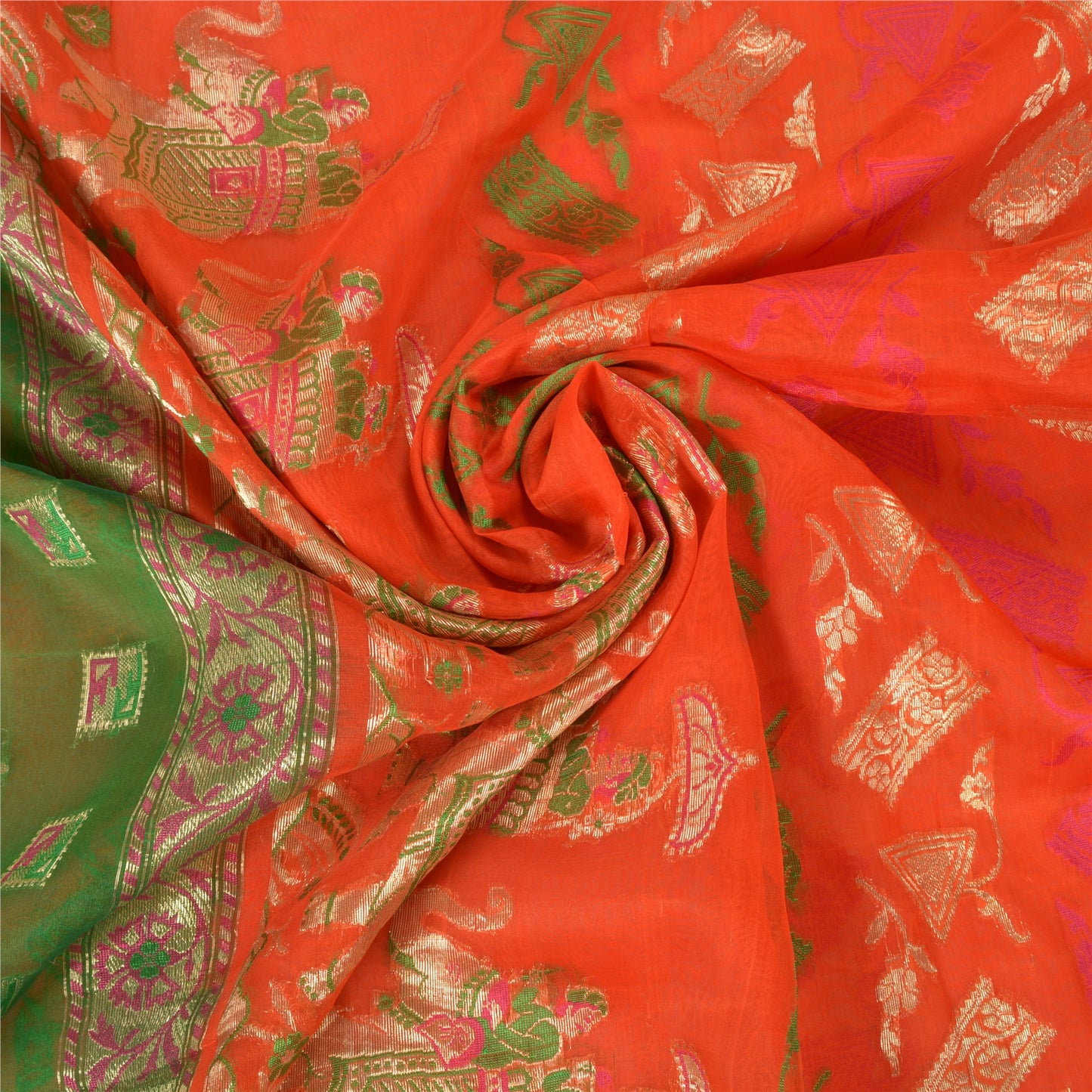 Sanskriti Vintage Orange Heavy Sarees Pure Silk Woven Brocade Animal Sari Sustainable Fabric