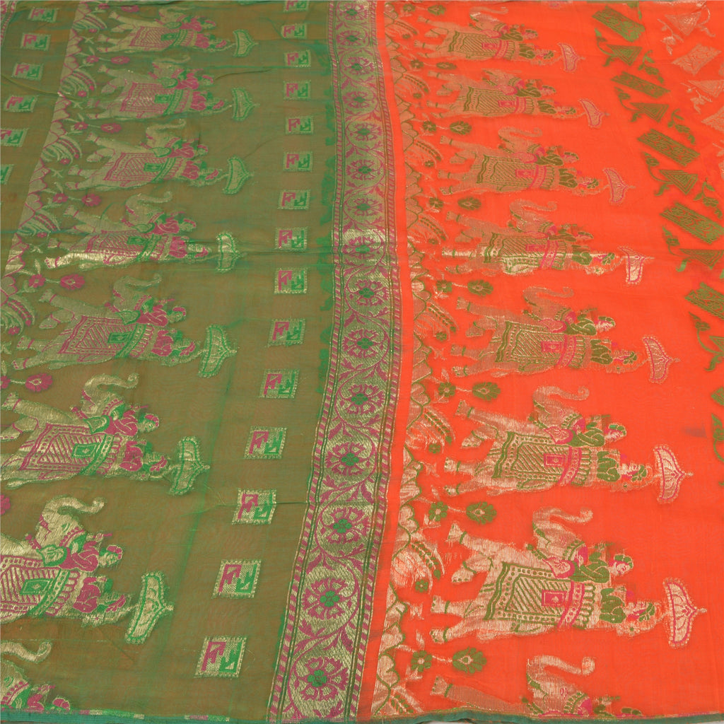 Sanskriti Vintage Orange Heavy Sarees Pure Silk Woven Brocade Animal Sari Sustainable Fabric