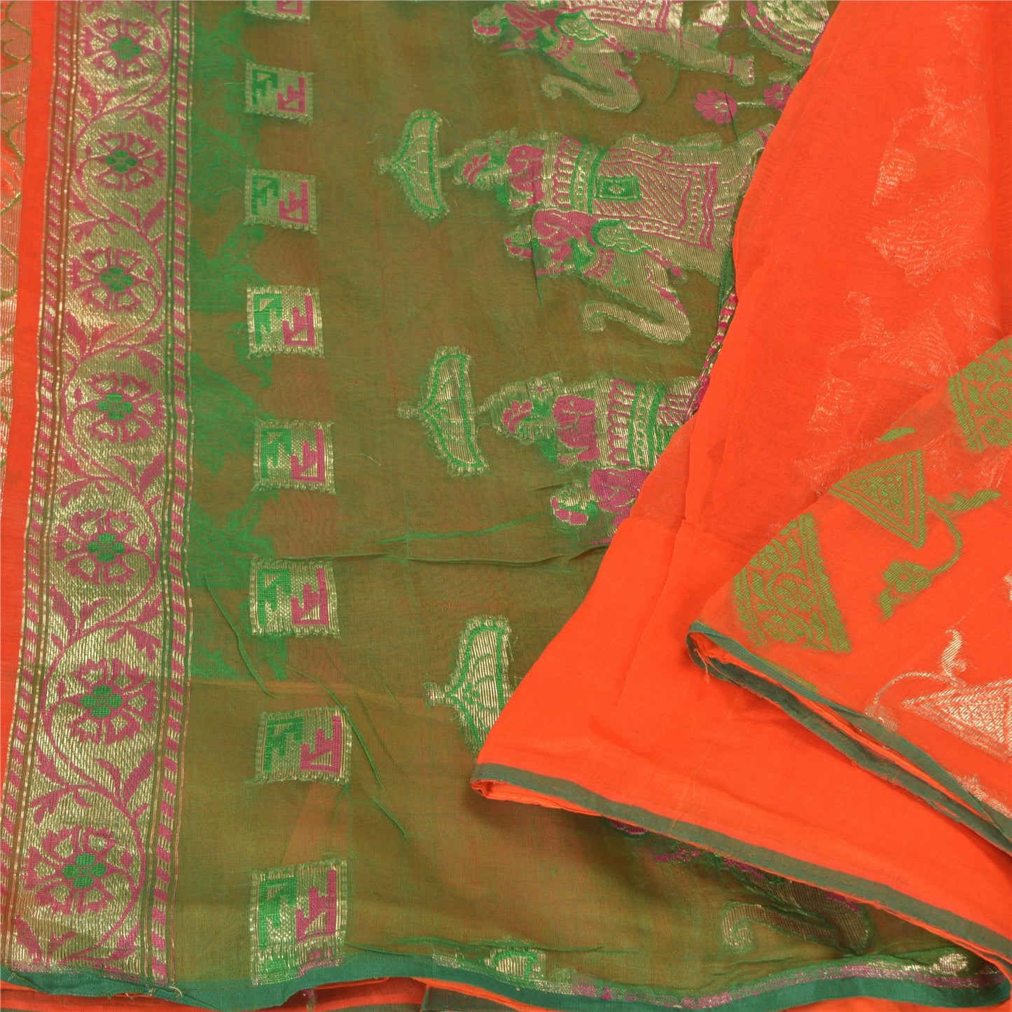Sanskriti Vintage Orange Heavy Sarees Pure Silk Woven Brocade Animal Sari Sustainable Fabric