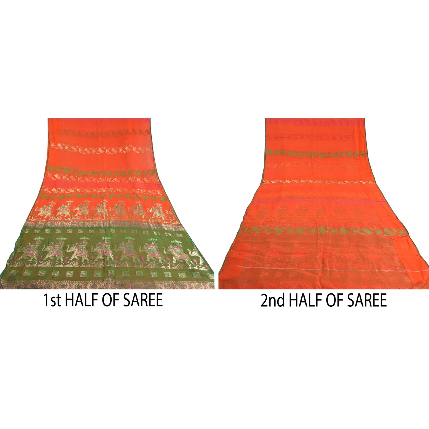 Sanskriti Vintage Orange Heavy Sarees Pure Silk Woven Brocade Animal Sari Sustainable Fabric