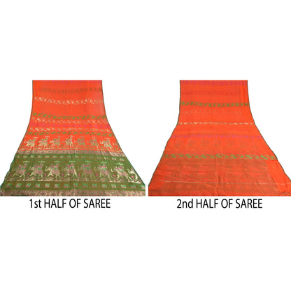 Sanskriti Vintage Orange Heavy Sarees Pure Silk Woven Brocade Animal Sari Sustainable Fabric