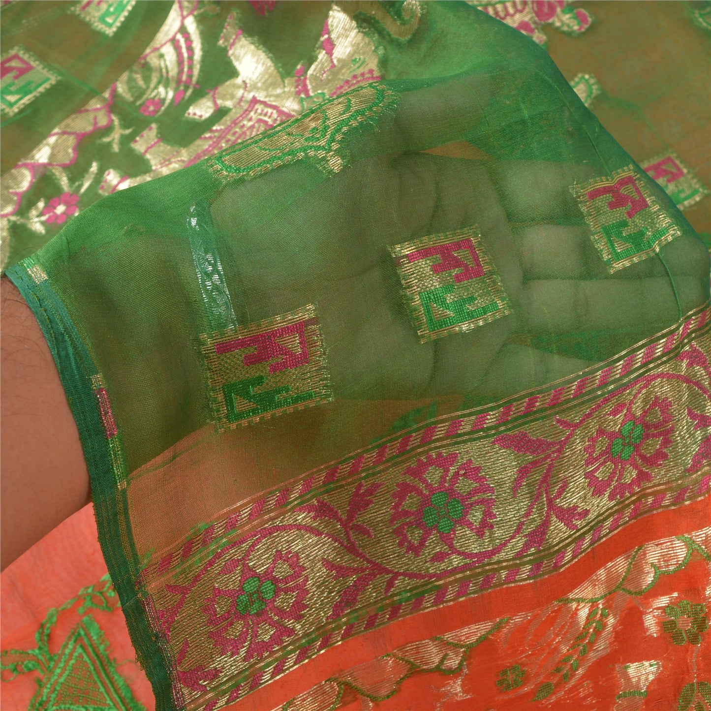 Sanskriti Vintage Orange Heavy Sarees Pure Silk Woven Brocade Animal Sari Sustainable Fabric