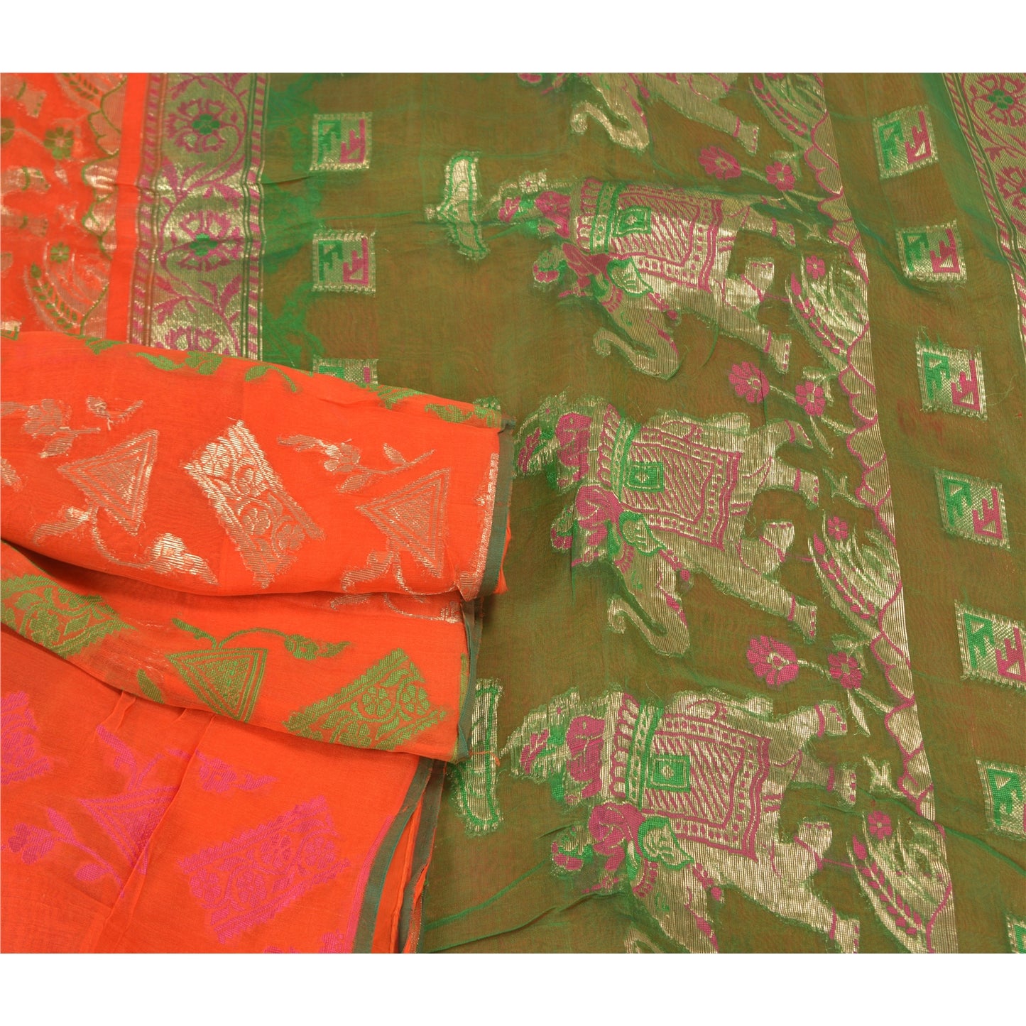 Sanskriti Vintage Orange Heavy Sarees Pure Silk Woven Brocade Animal Sari Sustainable Fabric