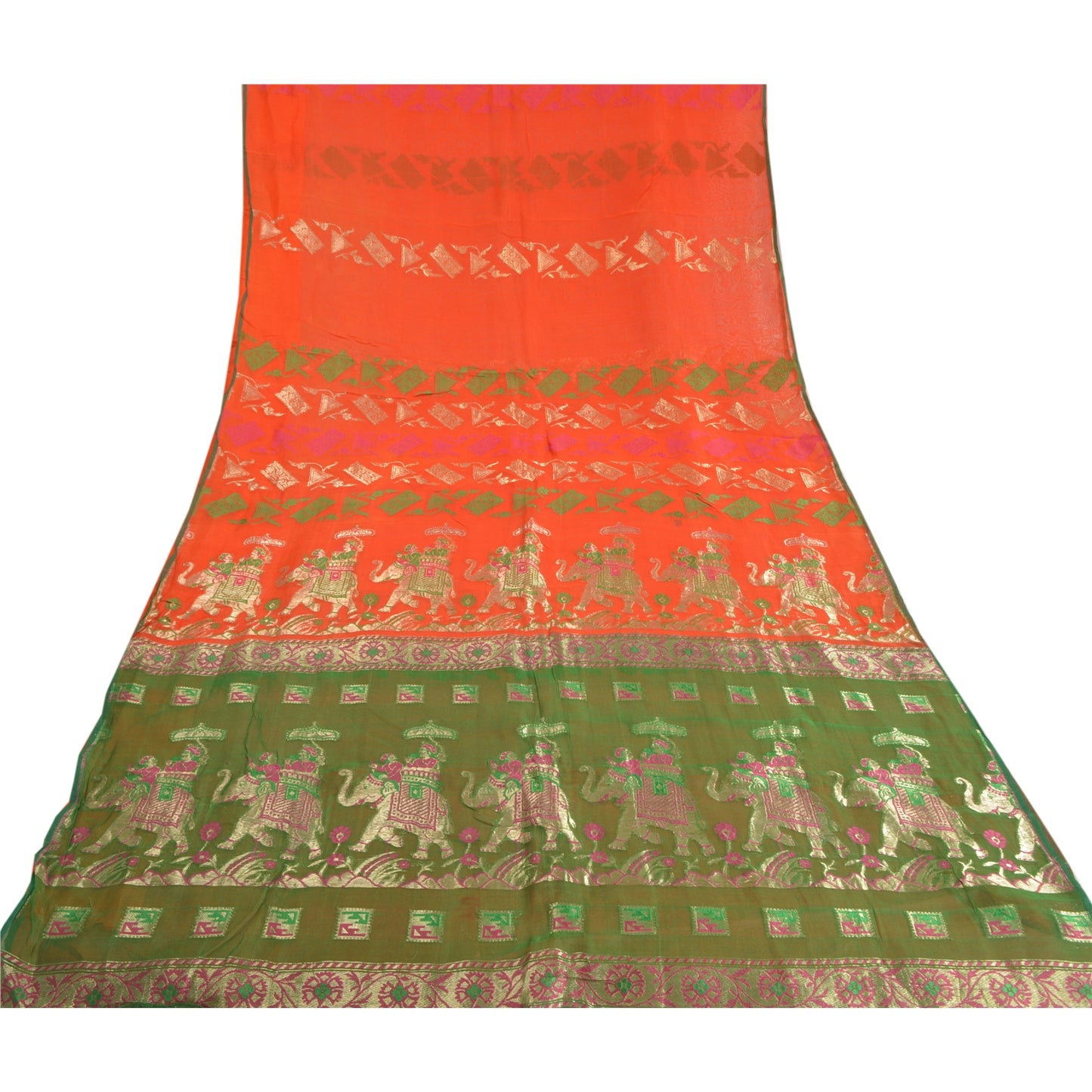 Sanskriti Vintage Orange Heavy Sarees Pure Silk Woven Brocade Animal Sari Sustainable Fabric