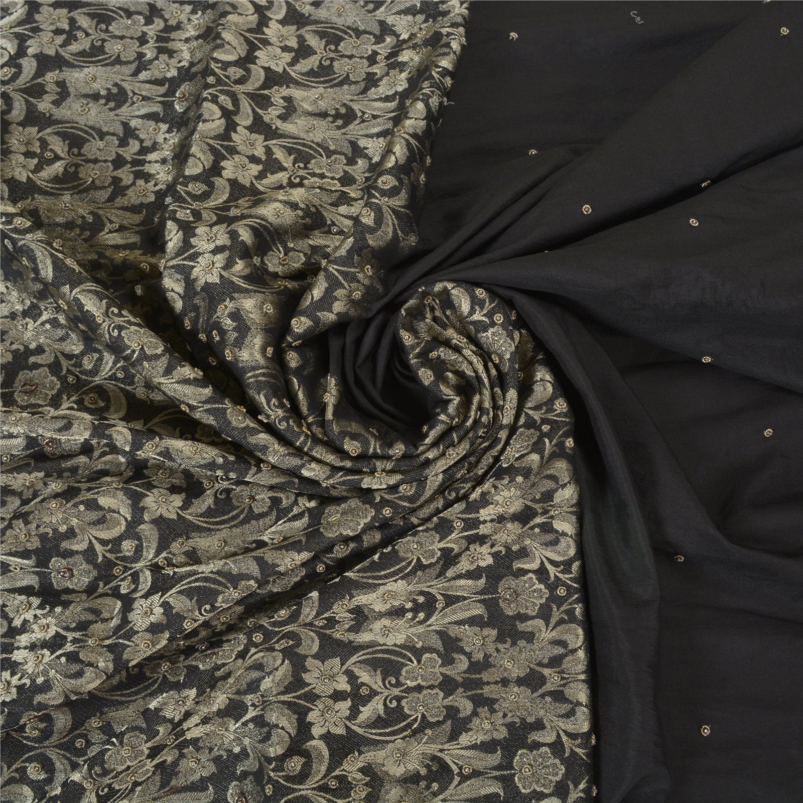 Sanskriti Vintage Sorte Tunge Sareer Kunstsilke Håndperlevævet Sari Bæredygtigt Stof