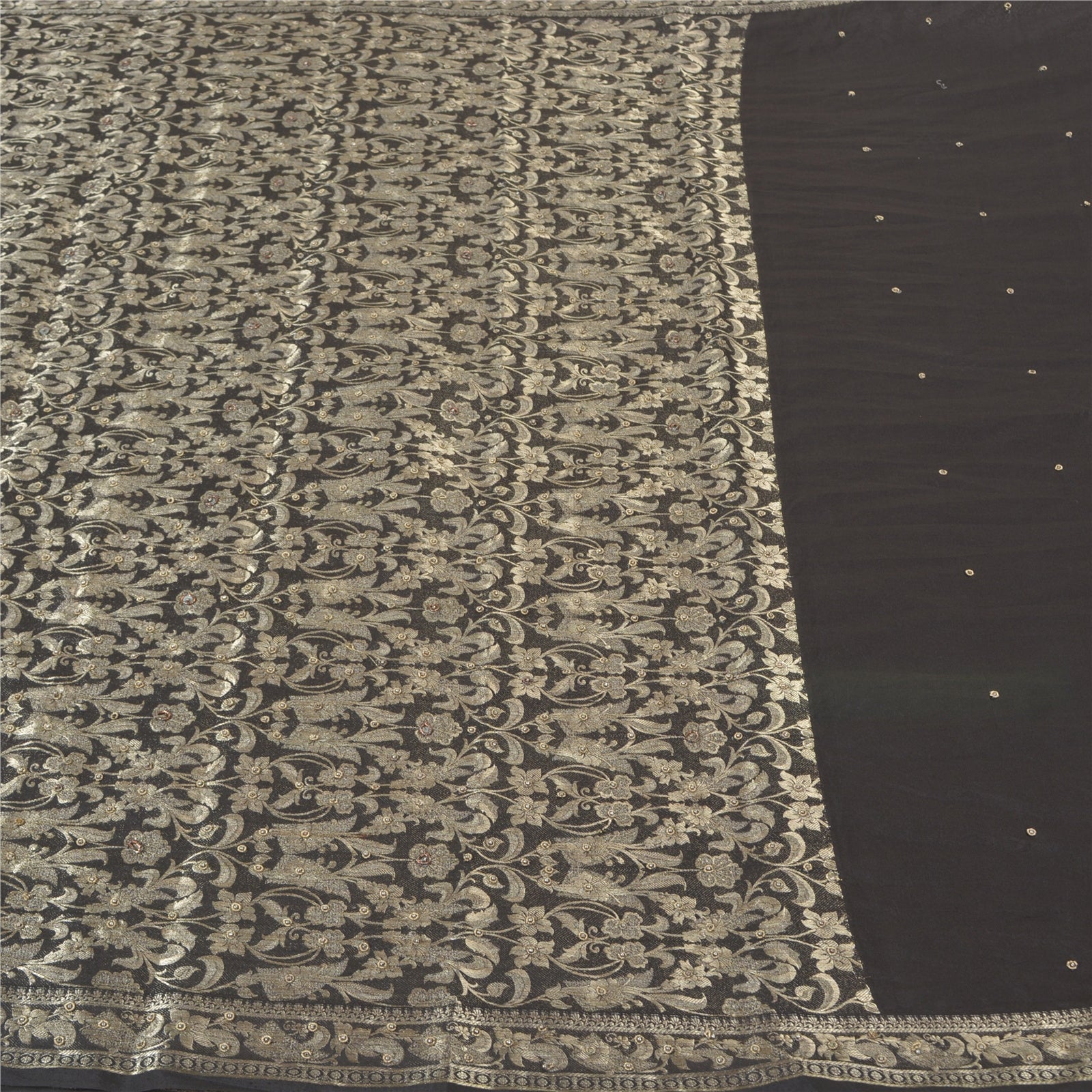 Sanskriti Vintage Sorte Tunge Sareer Kunstsilke Håndperlevævet Sari Bæredygtigt Stof