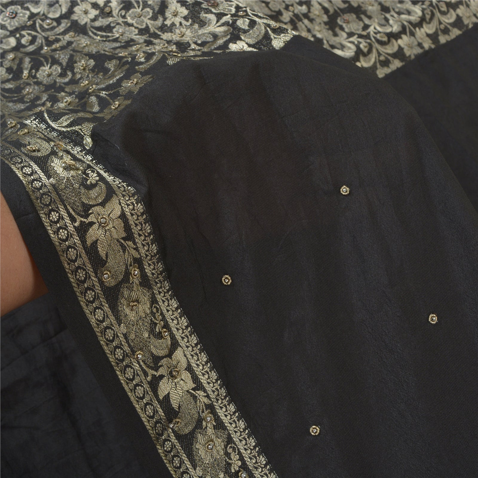 Sanskriti Vintage Sorte Tunge Sareer Kunstsilke Håndperlevævet Sari Bæredygtigt Stof