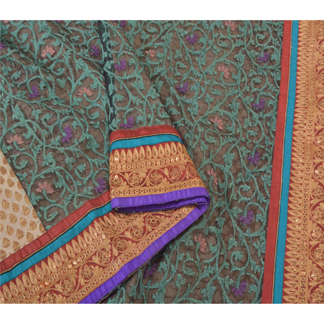 Sanskriti Vintage Ivory Heavy Sarees Pure Chanderi Silk Hand Beaded Sari Fabric