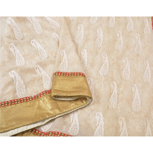 Sanskriti Vintage Ivory Heavy Indian Sarees Georgette Hand Beaded Sari Sustainable Fabric