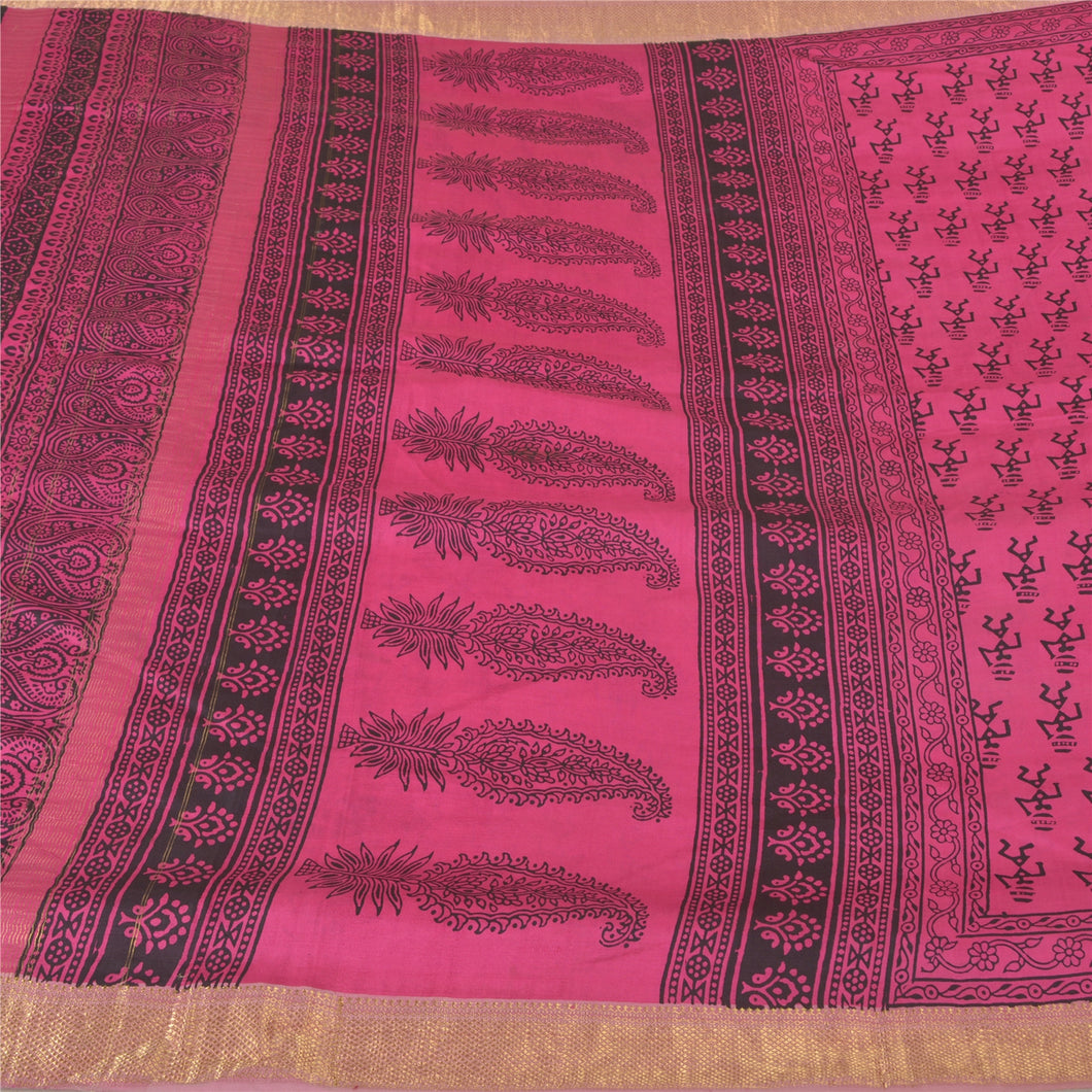 Sanskriti Vintage Pink Heavy Sarees Pure Silk Block Print Warli Art Sari Fabric