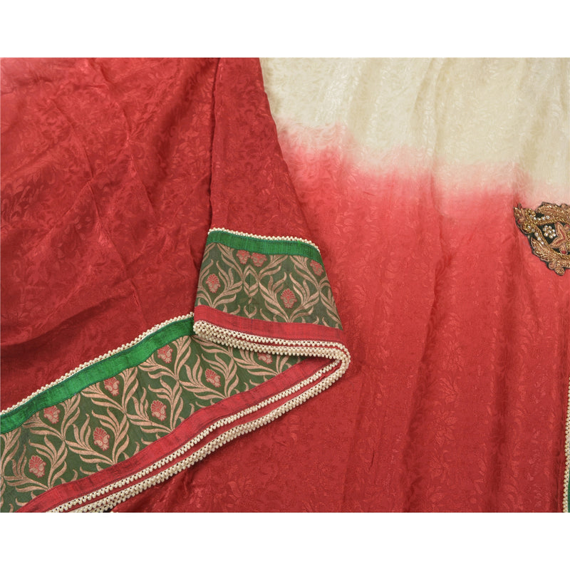 Sanskriti Vintage Saree Blend Silk Ivory & Red Wedding Heavy Sarees Hand Beaded Zardozi Dabka Rhinestone Woven 5yd Craft Fabric Saree