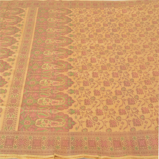 Sanskriti Vintage Cream Heavy Sarees Pure Satin Silk Woven Tanchoi Sari Sustainable Fabric