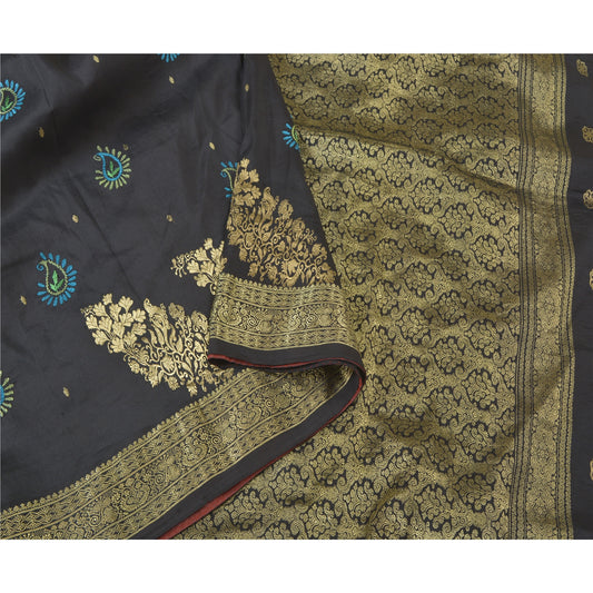 Sanskriti Vintage Black Heavy Wedding Sarees Pure Silk Woven Brocade Sari Sustainable Fabric