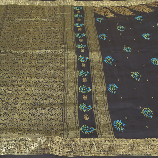 Sanskriti Vintage Black Heavy Wedding Sarees Pure Silk Woven Brocade Sari Sustainable Fabric
