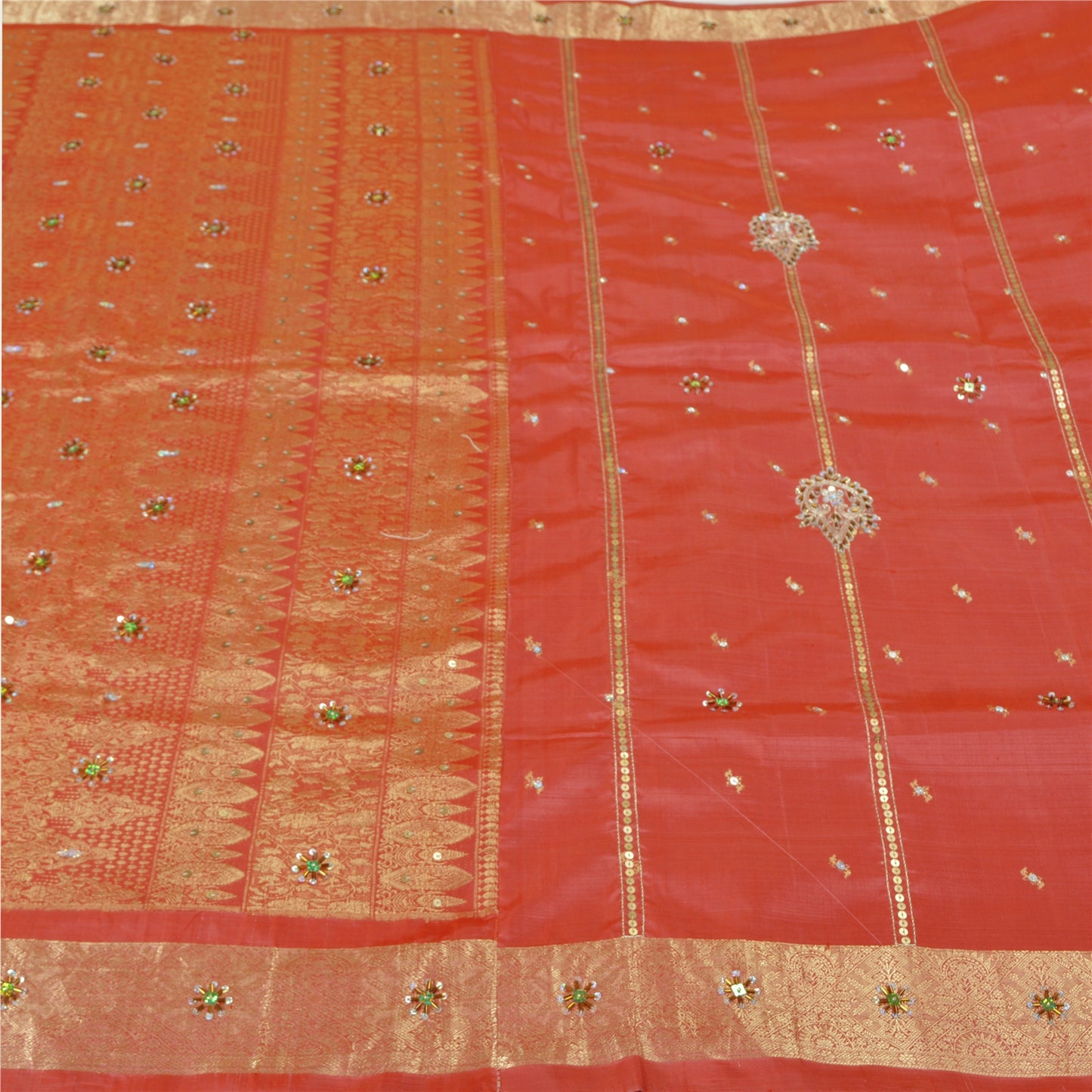 Sanskriti Vintage Pink Heavy Sarees Pure Silk Hand Beaded Brocade Sari Sustainable Fabric