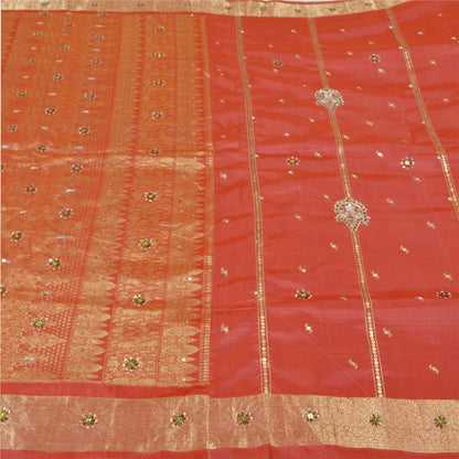 Sanskriti Vintage Pink Heavy Sarees Pure Silk Hand Beaded Brocade Sari Sustainable Fabric
