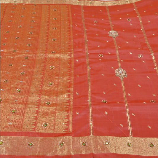 Sanskriti Vintage Pink Heavy Sarees Pure Silk Hand Beaded Brocade Sari Sustainable Fabric