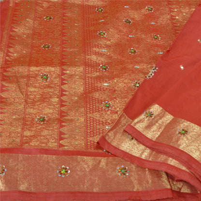Sanskriti Vintage Pink Heavy Sarees Pure Silk Hand Beaded Brocade Sari Sustainable Fabric