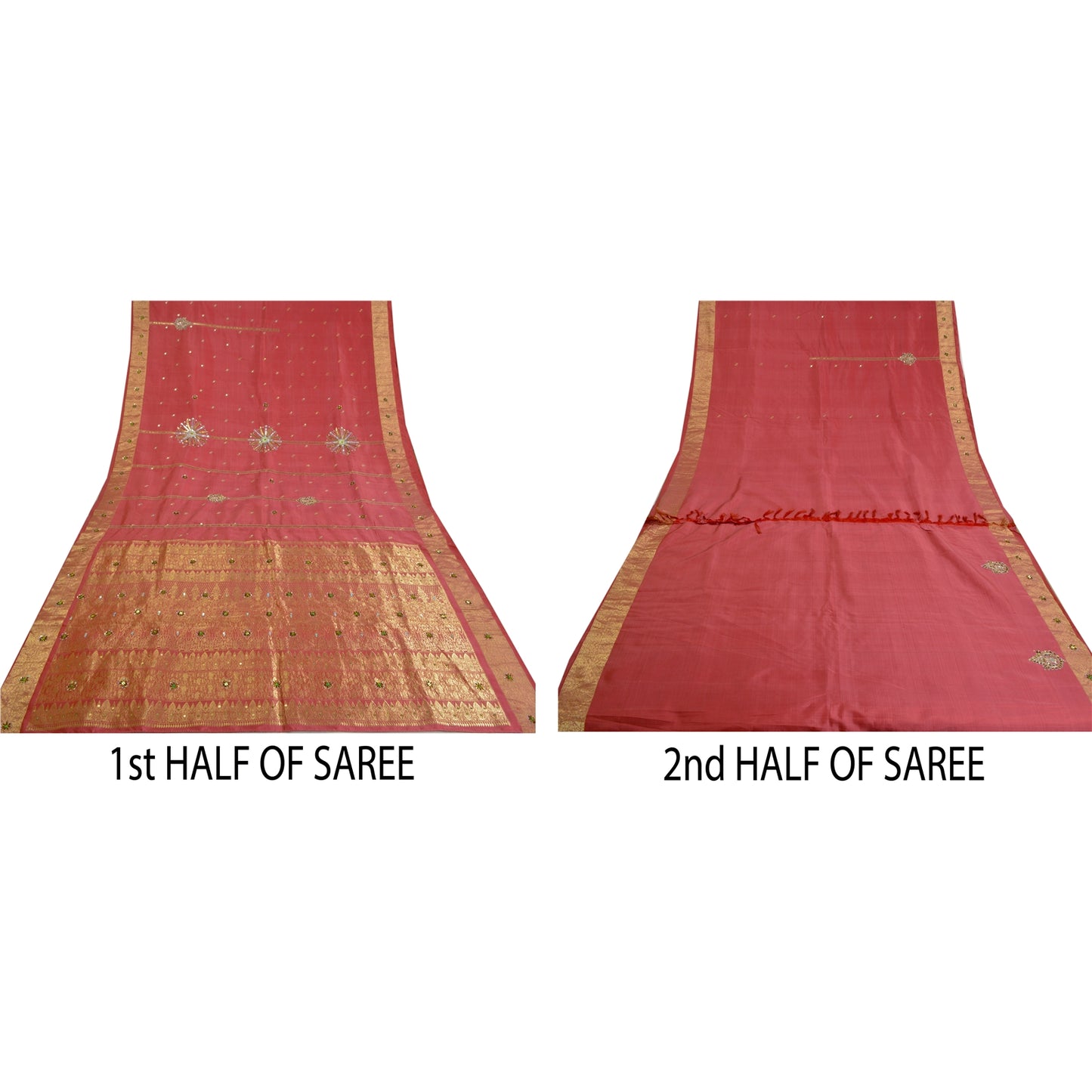 Sanskriti Vintage Pink Heavy Sarees Pure Silk Hand Beaded Brocade Sari Sustainable Fabric