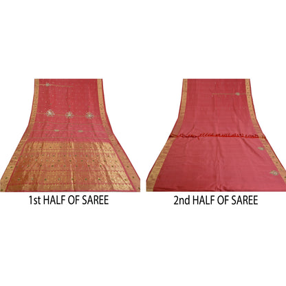 Sanskriti Vintage Pink Heavy Sarees Pure Silk Hand Beaded Brocade Sari Sustainable Fabric
