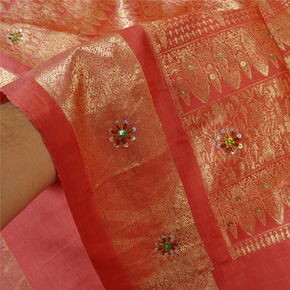 Sanskriti Vintage Pink Heavy Sarees Pure Silk Hand Beaded Brocade Sari Sustainable Fabric