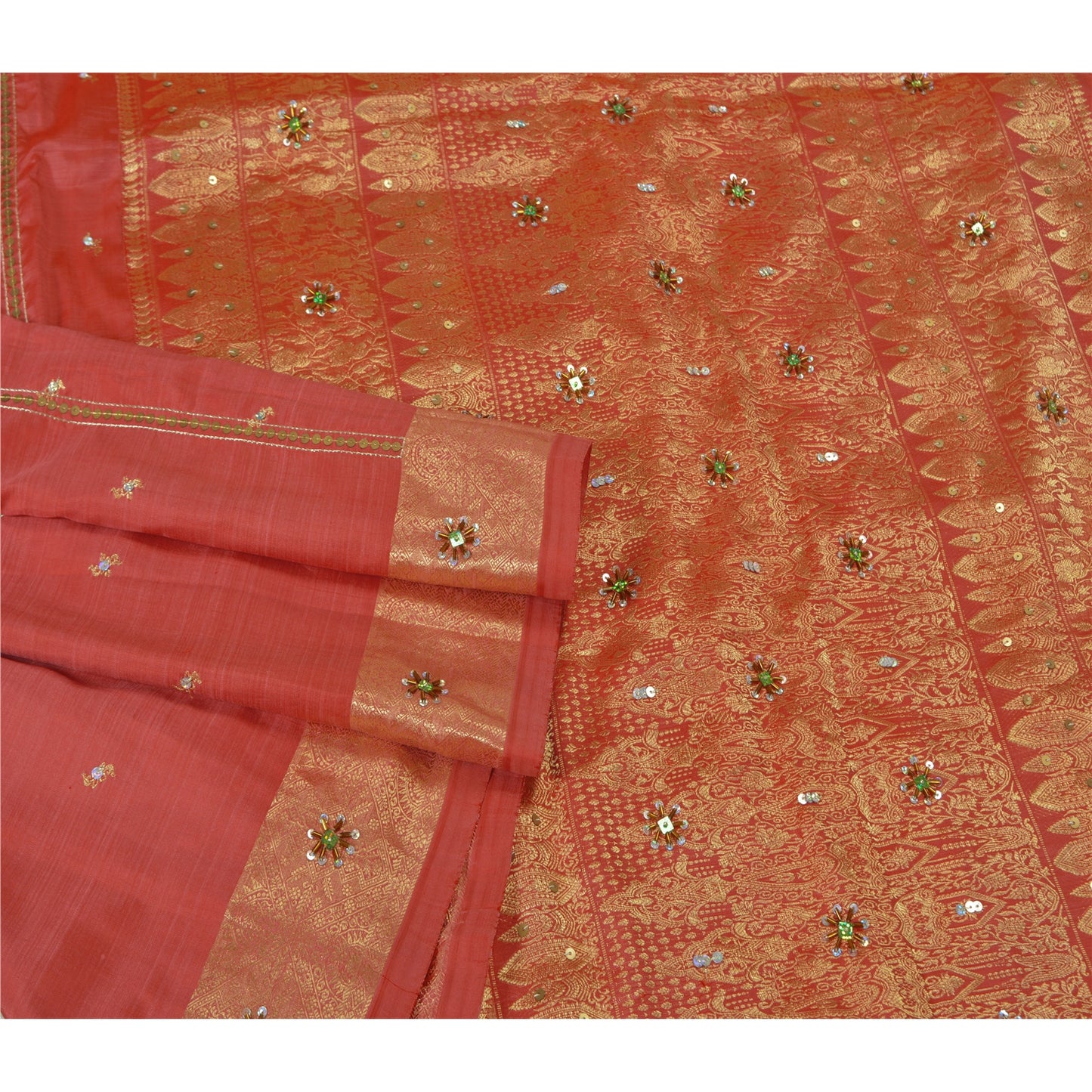 Sanskriti Vintage Pink Heavy Sarees Pure Silk Hand Beaded Brocade Sari Sustainable Fabric