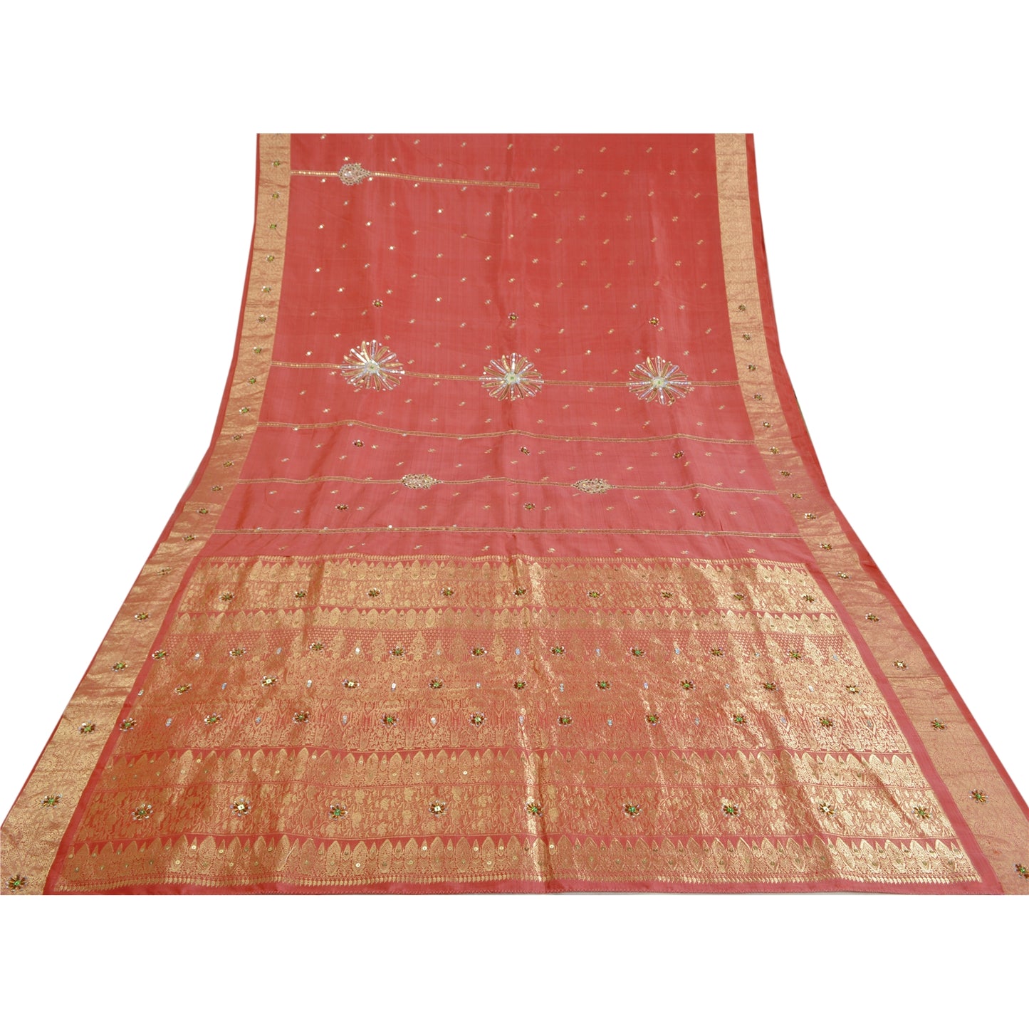 Sanskriti Vintage Pink Heavy Sarees Pure Silk Hand Beaded Brocade Sari Sustainable Fabric
