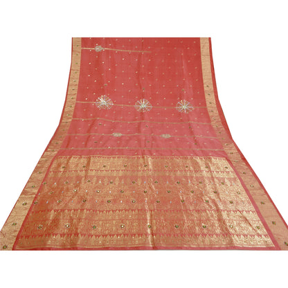 Sanskriti Vintage Pink Heavy Sarees Pure Silk Hand Beaded Brocade Sari Sustainable Fabric