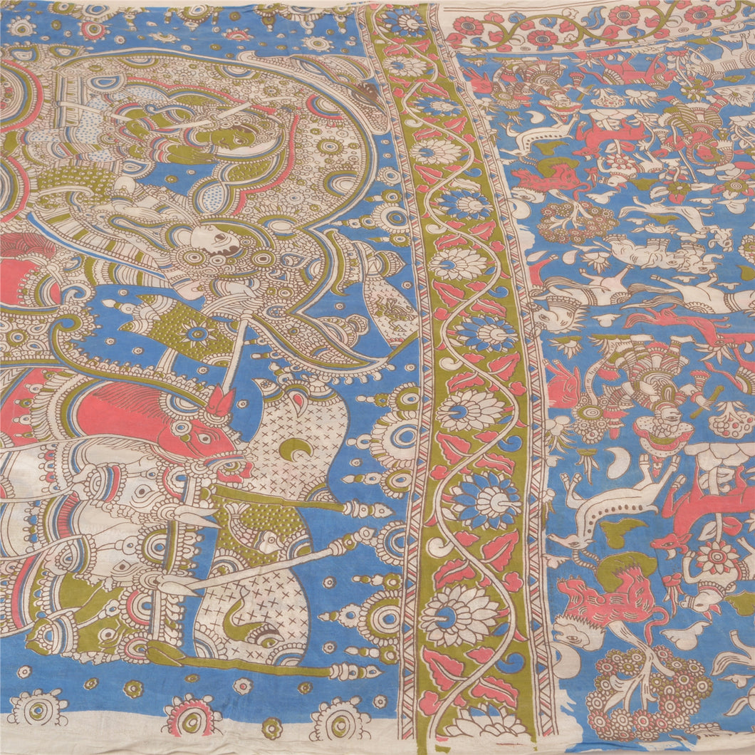 Sanskriti Vintage Blue Heavy Sarees Pure Cotton Kalamkari Animal Sari Fabric